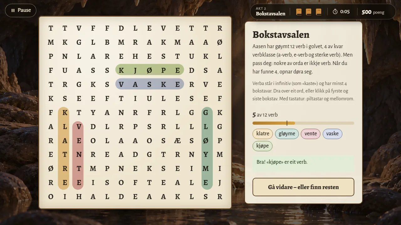 Nynorsk med Aasen – Bokstavsalen, ordjakt etter verb